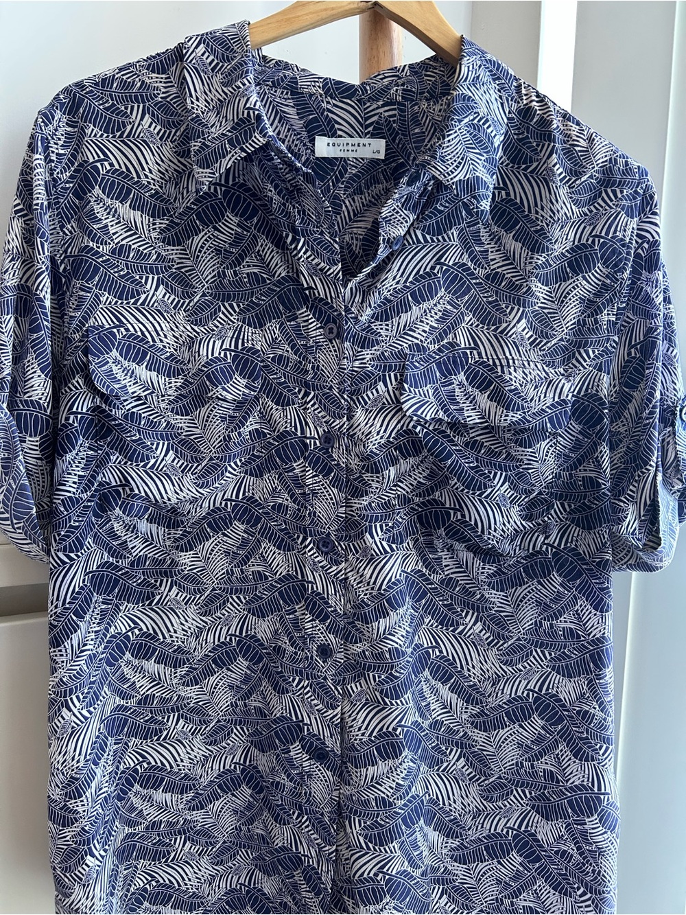 Equipment Women’s Navy & White Leaf Print Silk Button-Up Shirt